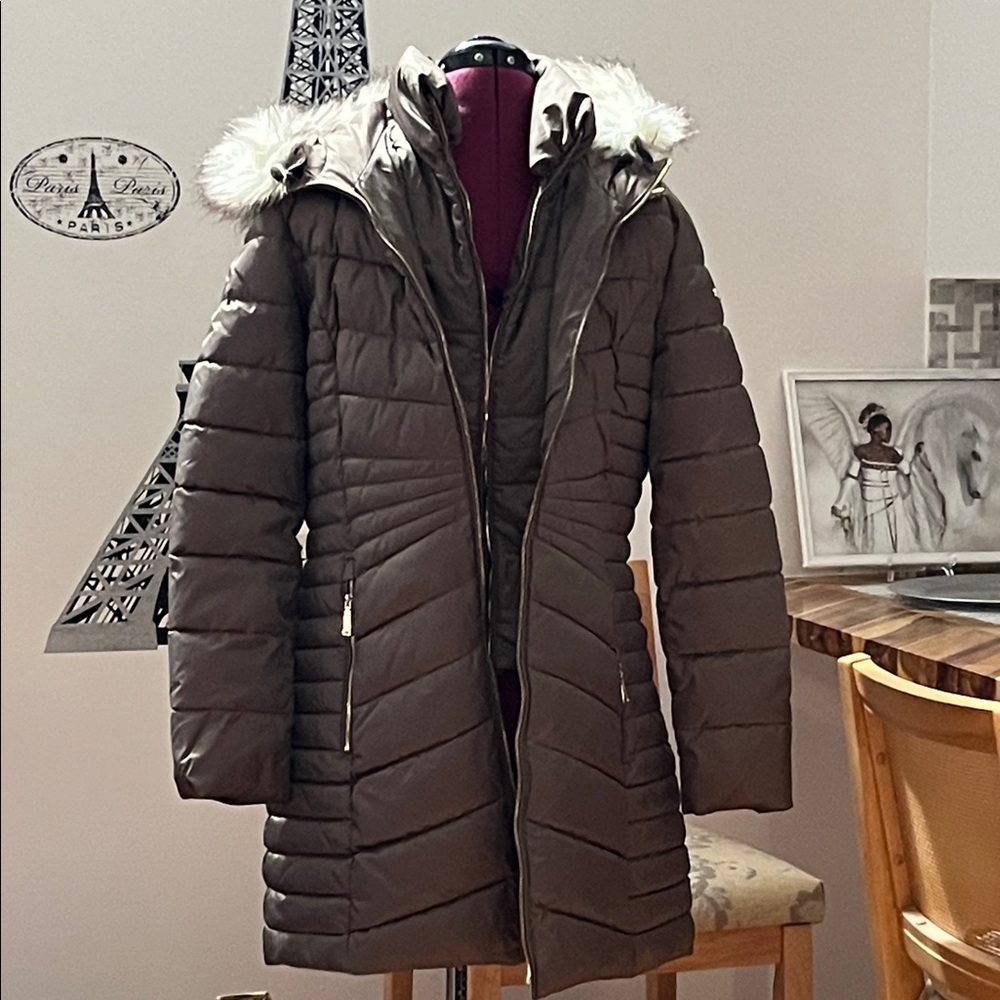 Chinese Laundry Quilted Puffer Coat with Faux-Fur Hood - Brown